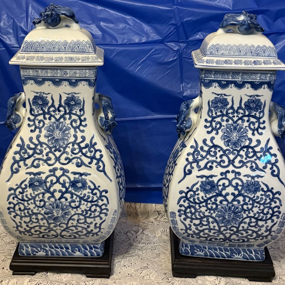 Elegant Blue & White Porcelain Temple Vases – Dragon Handle Pair on Stands